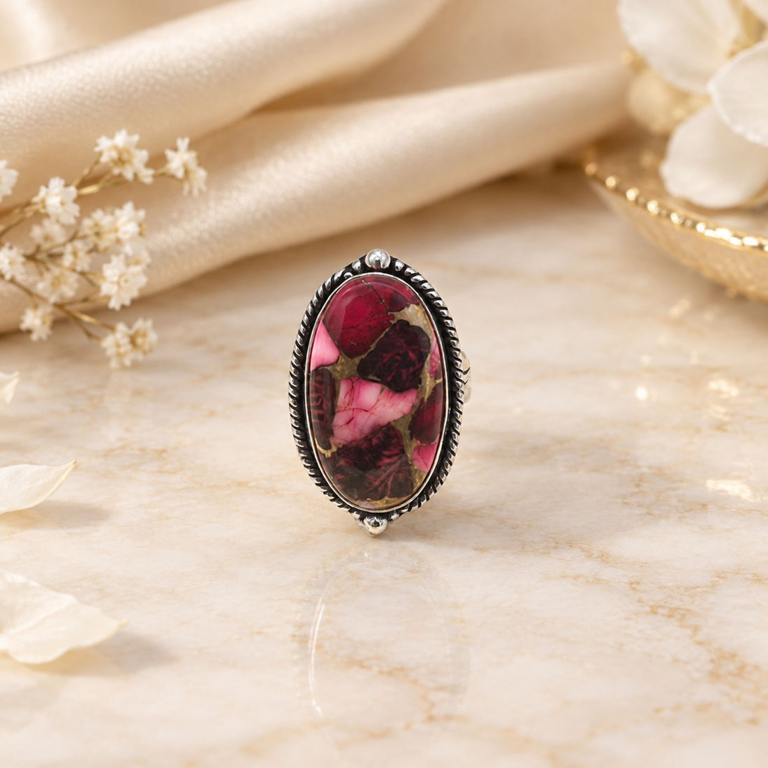 Red Copper Turquoise Statement Ring, Adjustable US Size 9, Handmade 925 Silver Plated Jewelry, Natural Gemstone Gift for Her