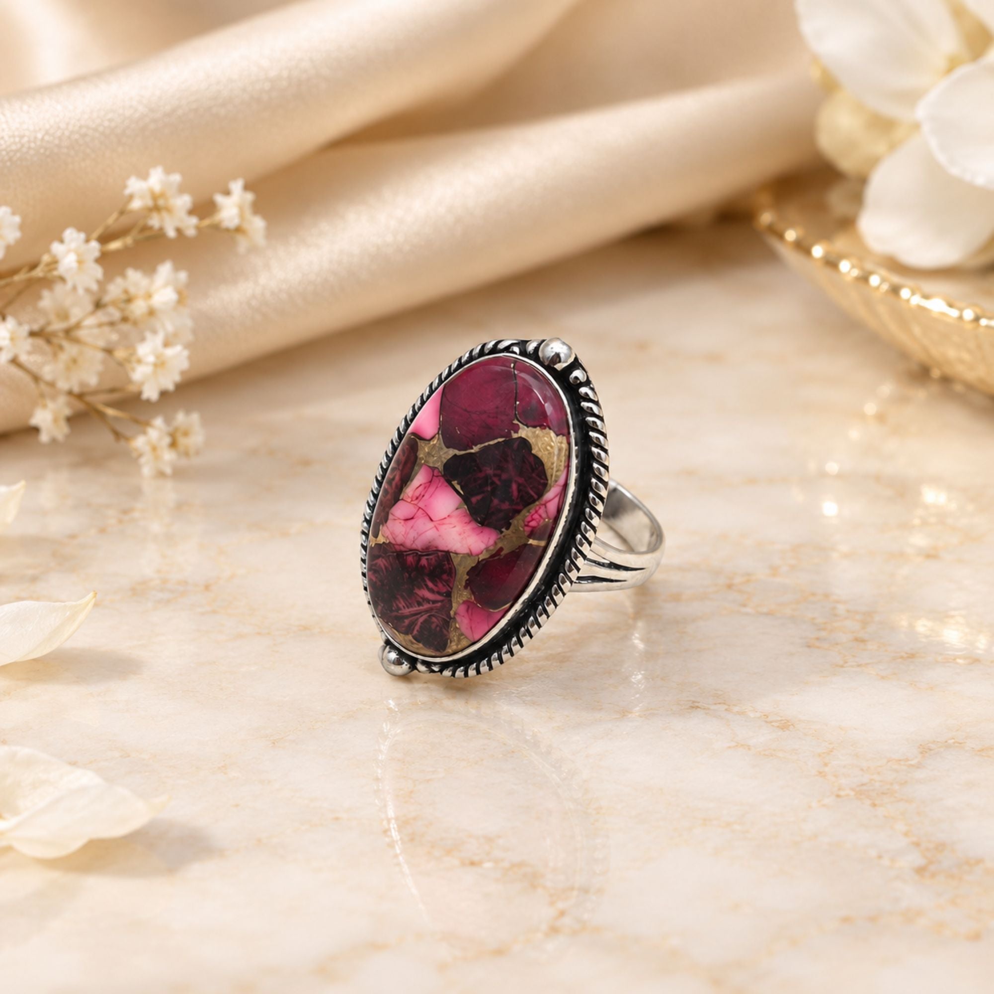Red Copper Turquoise Statement Ring, Adjustable US Size 9, Handmade 925 Silver Plated Jewelry, Natural Gemstone Gift for Her