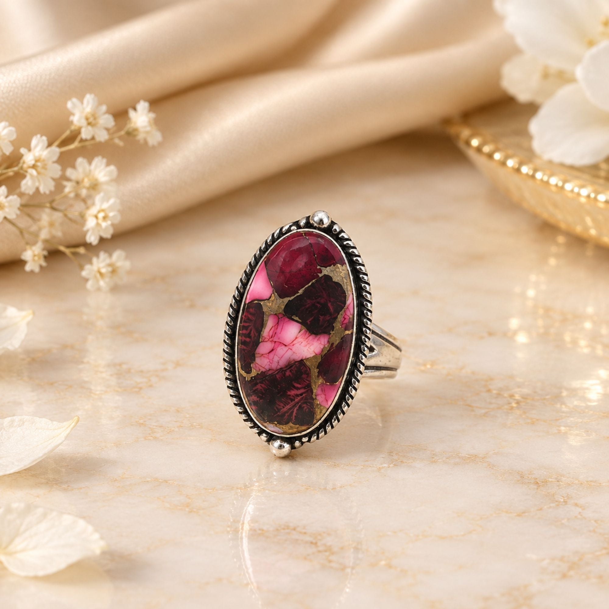 Red Copper Turquoise Statement Ring, Adjustable US Size 9, Handmade 925 Silver Plated Jewelry, Natural Gemstone Gift for Her