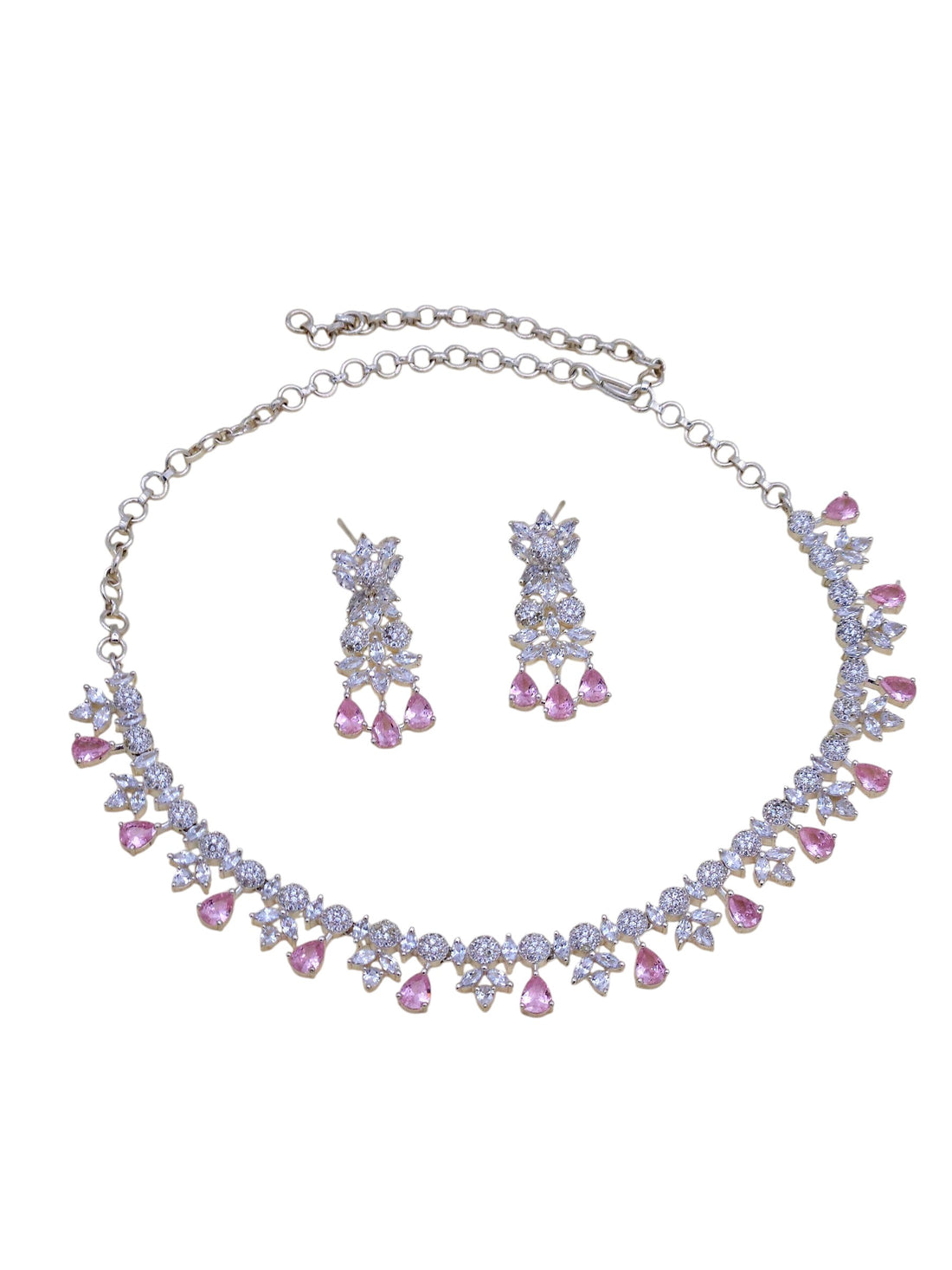 Party-ready rhodium plated necklace and earrings with vibrant pink hydro quartz and dazzling CZ stones
