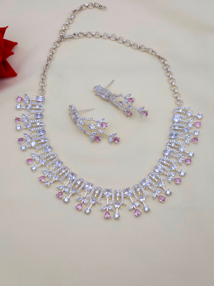 Amazing rhodium plated silver necklace and earring set with CZ and pink hydro quartz stones
