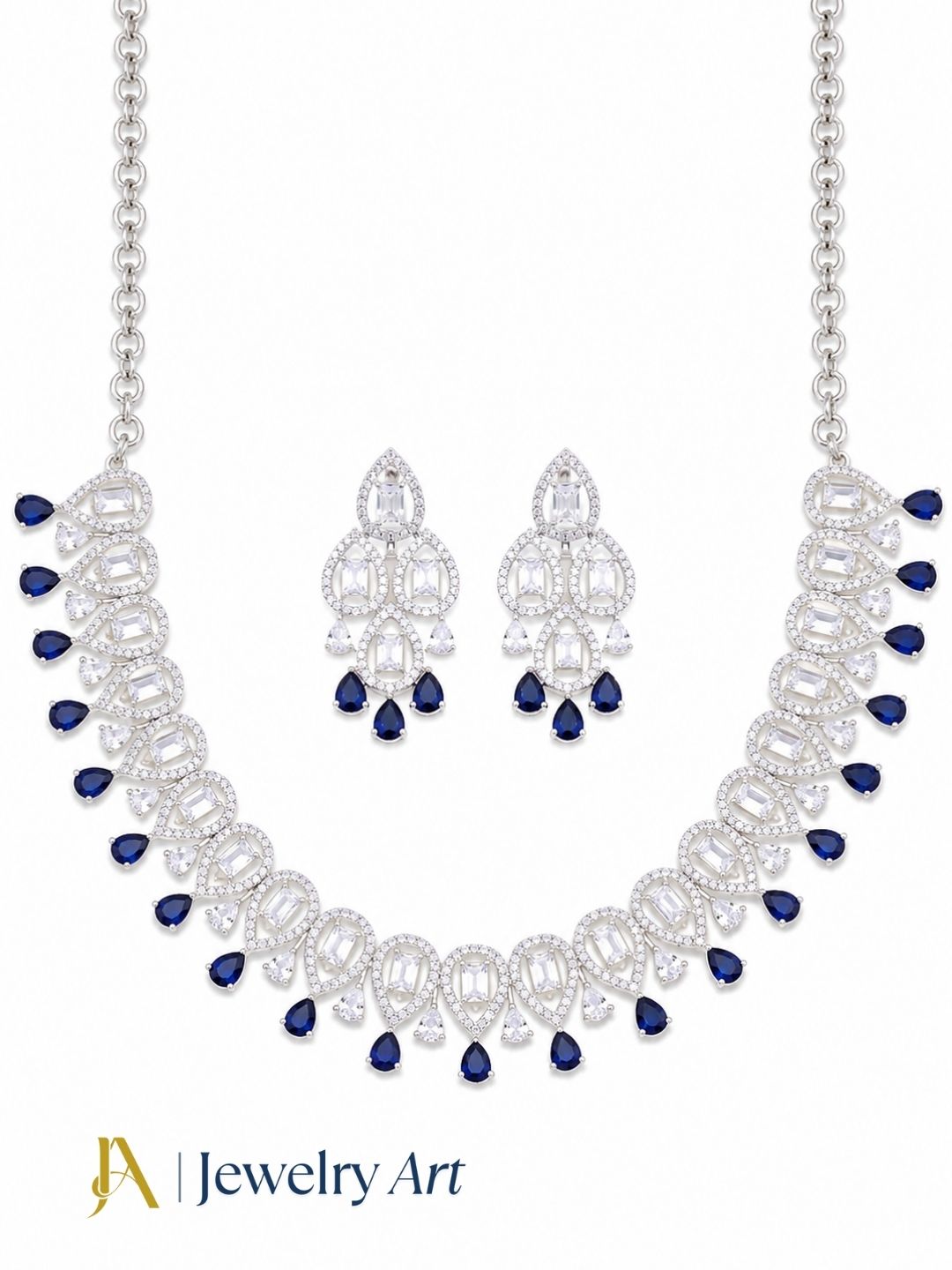 Blue hydro quartz necklace and earrings with CZ accents and rhodium plated finish
