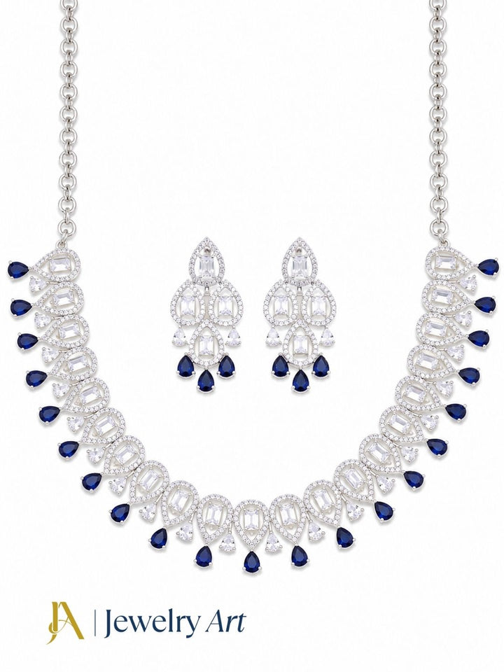 Blue hydro quartz necklace and earrings with CZ accents and rhodium plated finish
