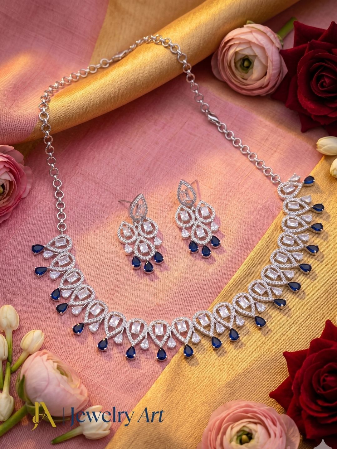 Premium rhodium plated jewelry highlighted in elegant decorative styling
