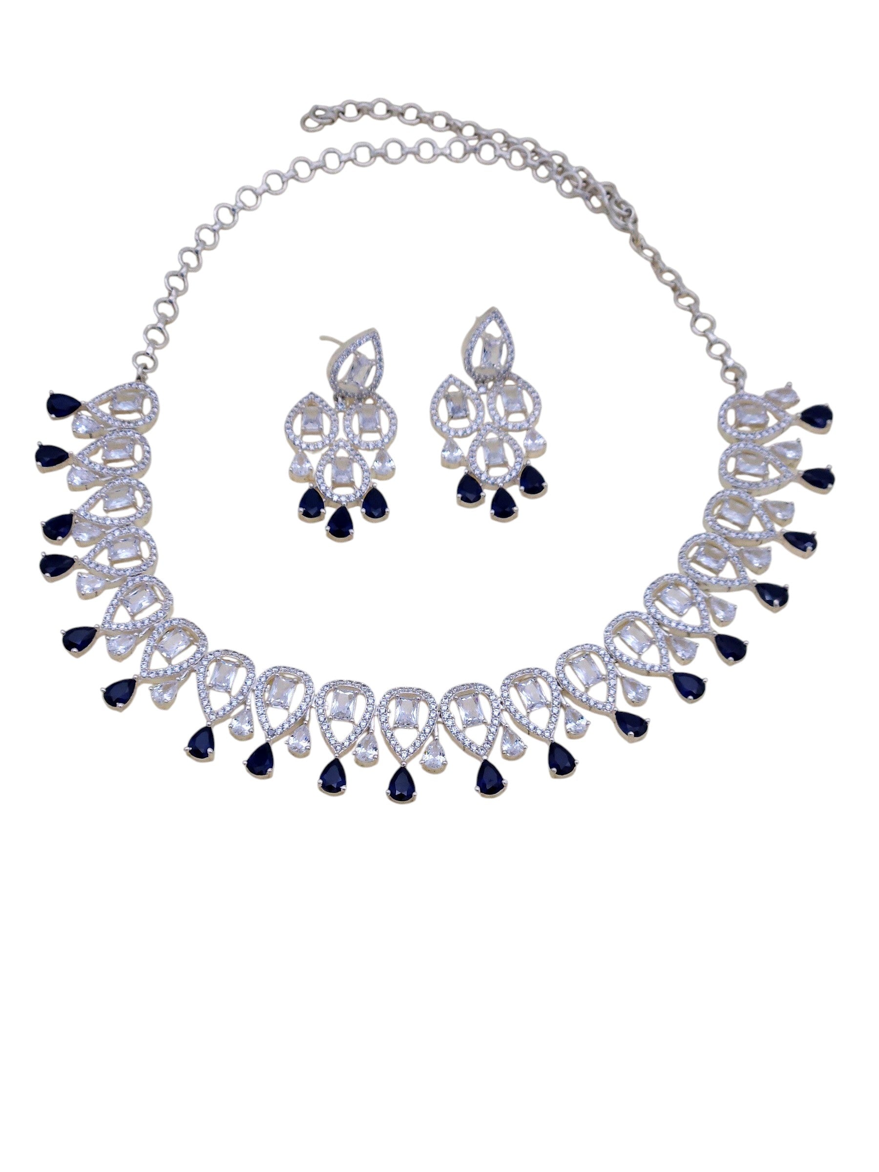 Blue stone necklace and earrings set with rhodium plating and CZ details
