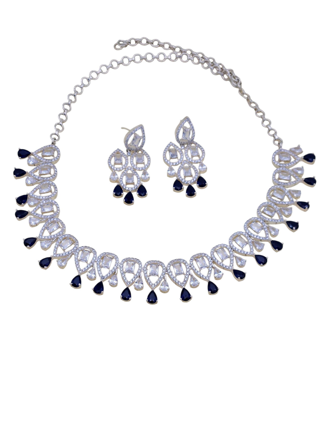 Blue stone necklace and earrings set with rhodium plating and CZ details

