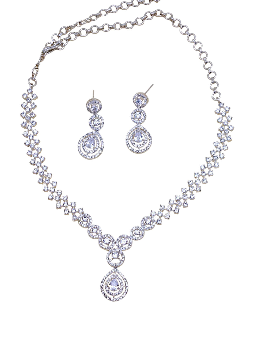 Cubic zirconia necklace and earrings set in rhodium plated silver – elegant designer jewelry
