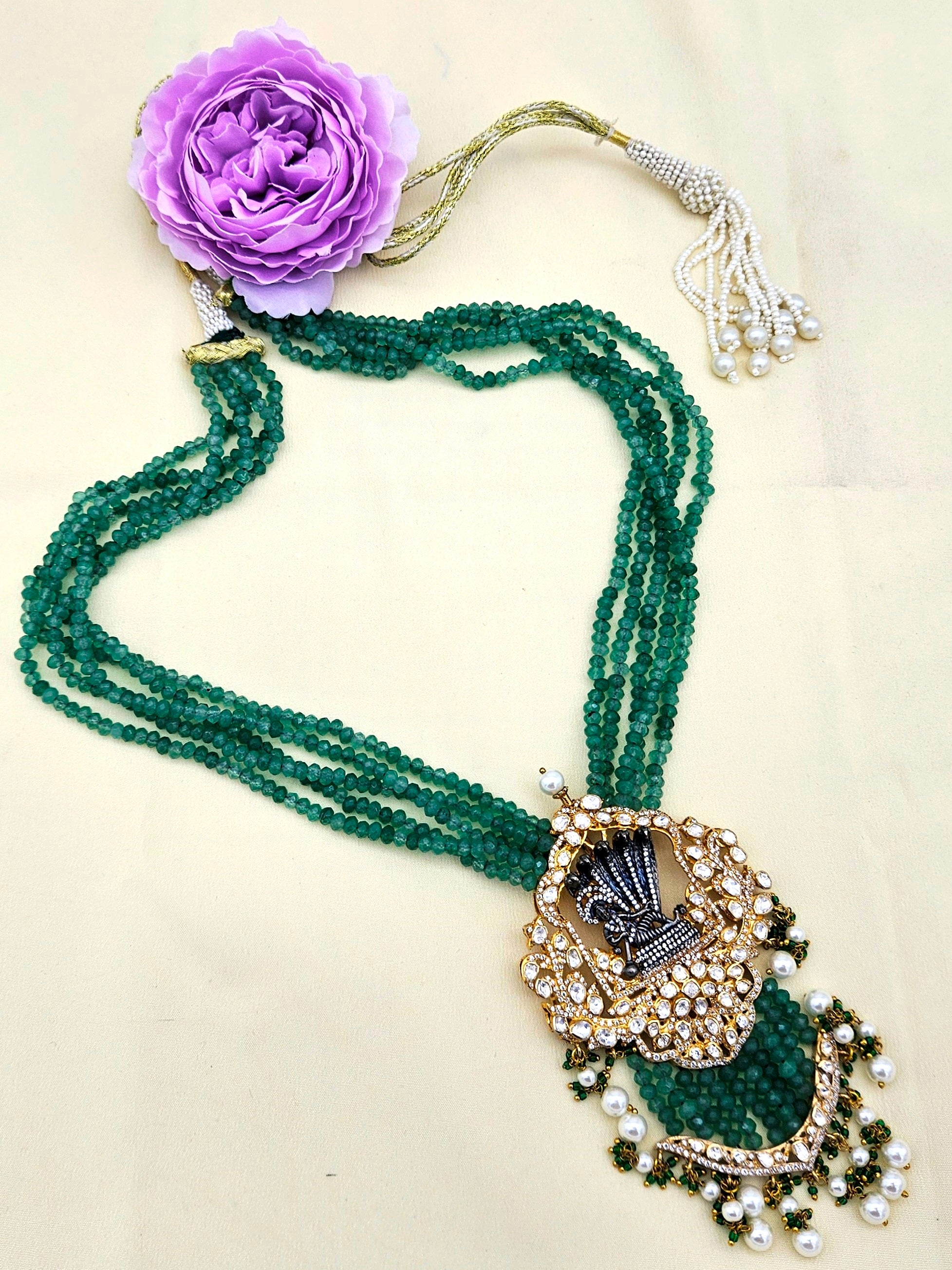 Traditional long temple necklace with gold plating on 925 silver featuring Lord Vishnu pendant
