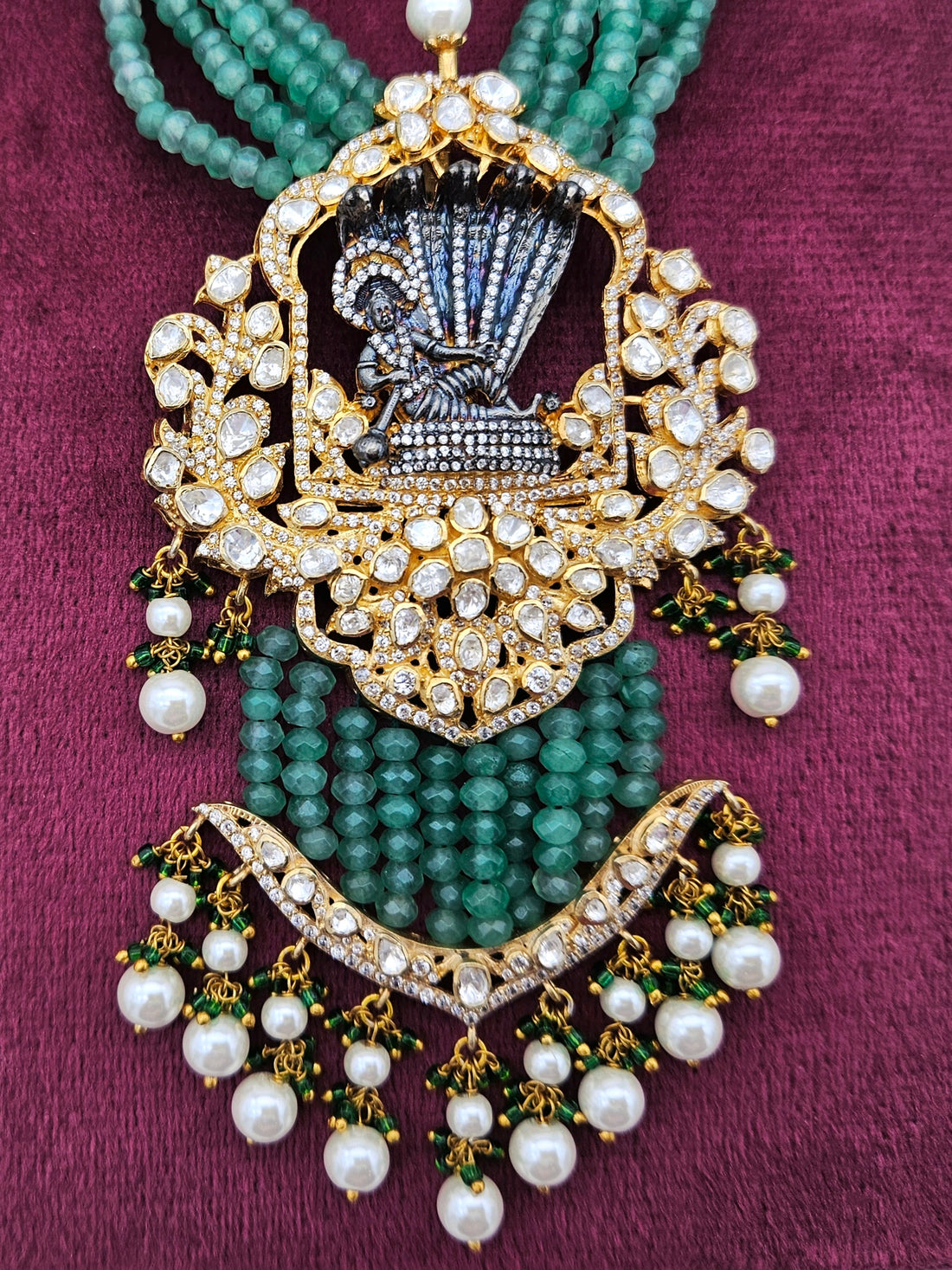 Close-up of traditional long temple necklace with gold plating on 925 silver featuring Lord Vishnu pendant
