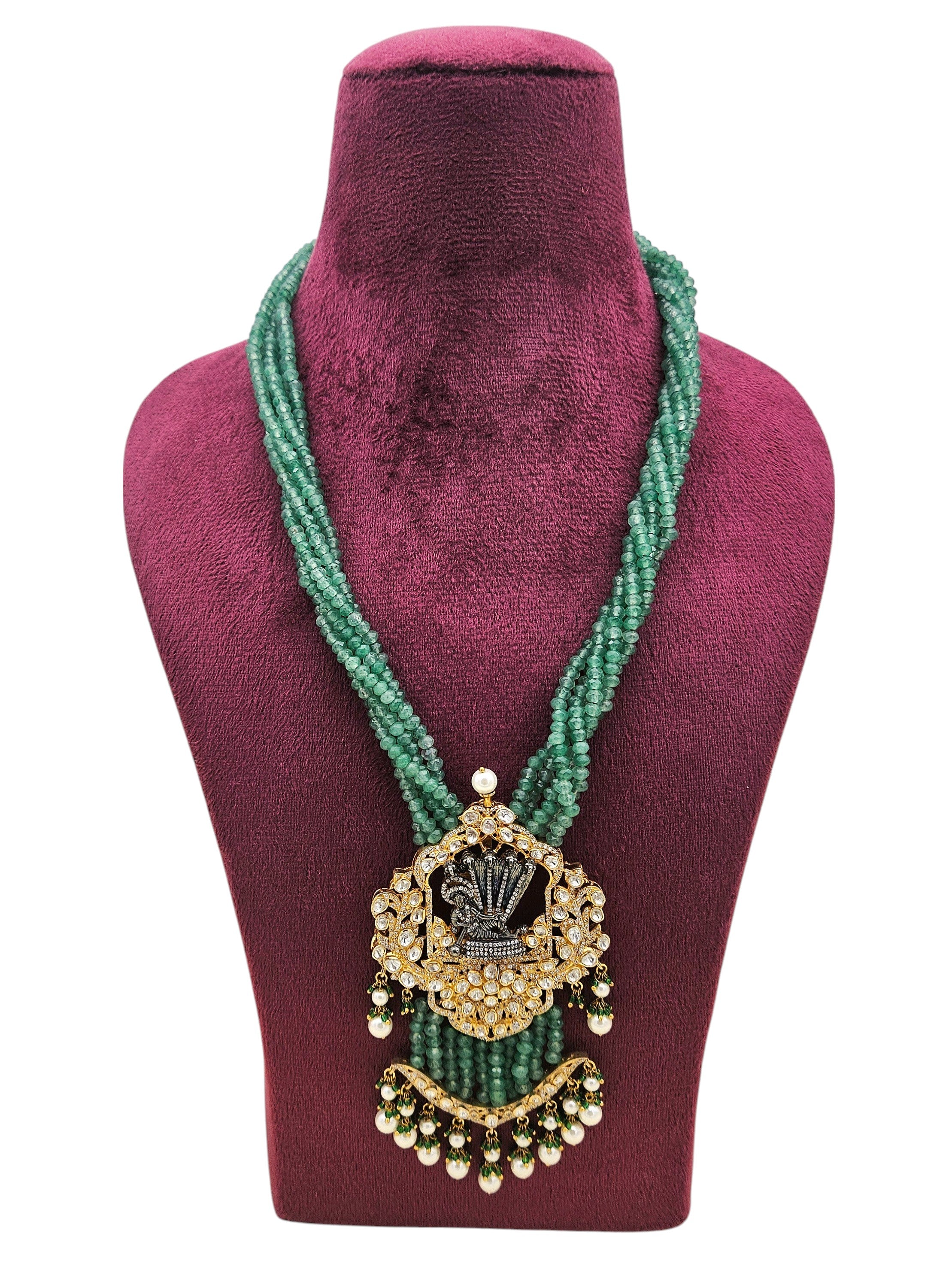 Traditional long temple necklace with gold plating on 925 silver featuring detailed Lord Vishnu pendant design
