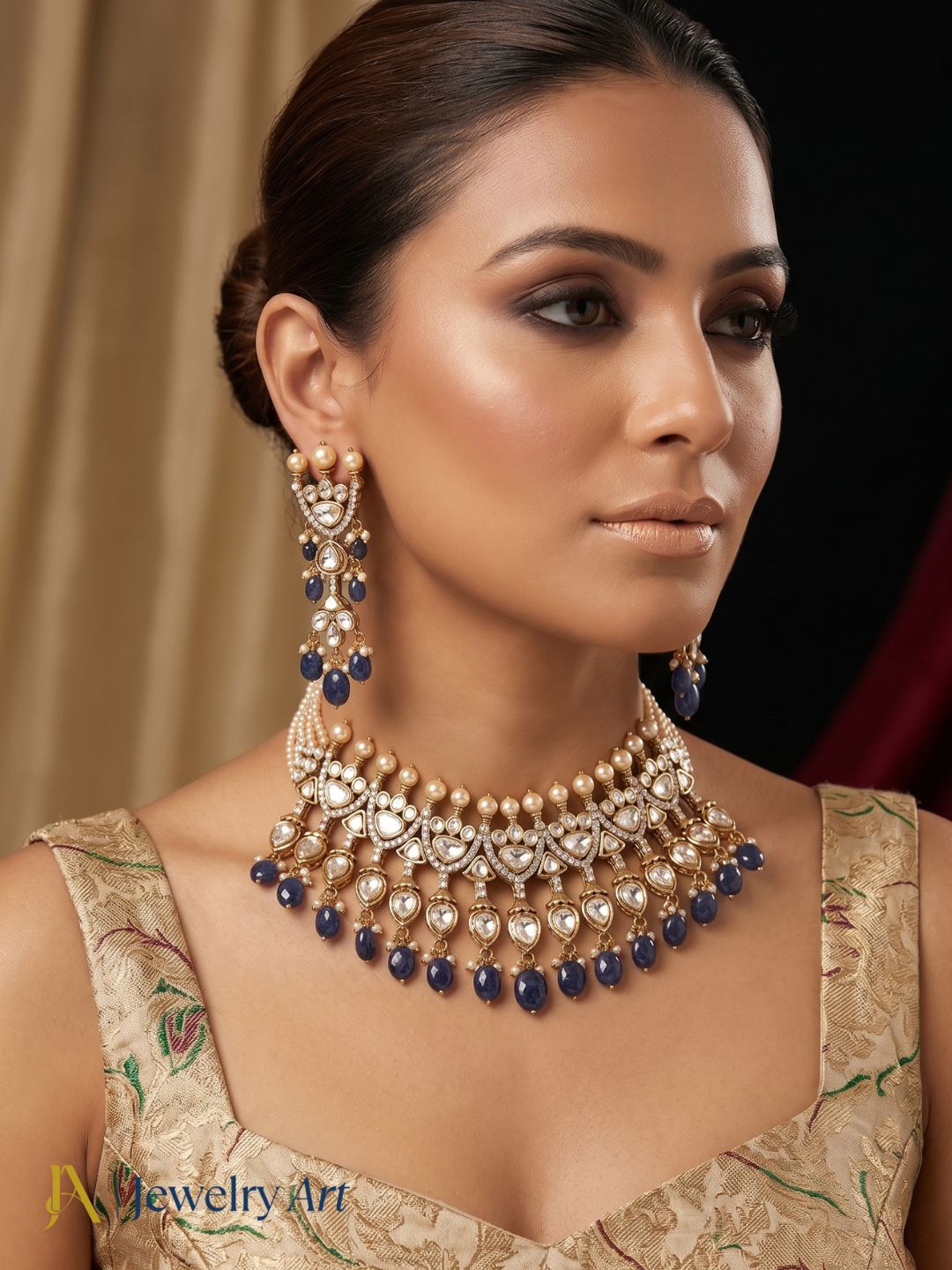 Elegant sterling silver gold plated choker necklace earrings set for party and festive wear
