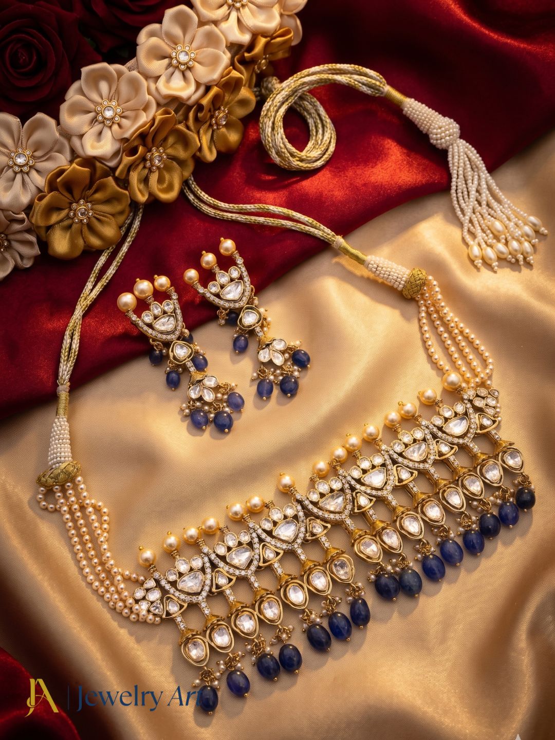 Elegant sterling silver gold plated choker necklace earrings set for party and festive wear
