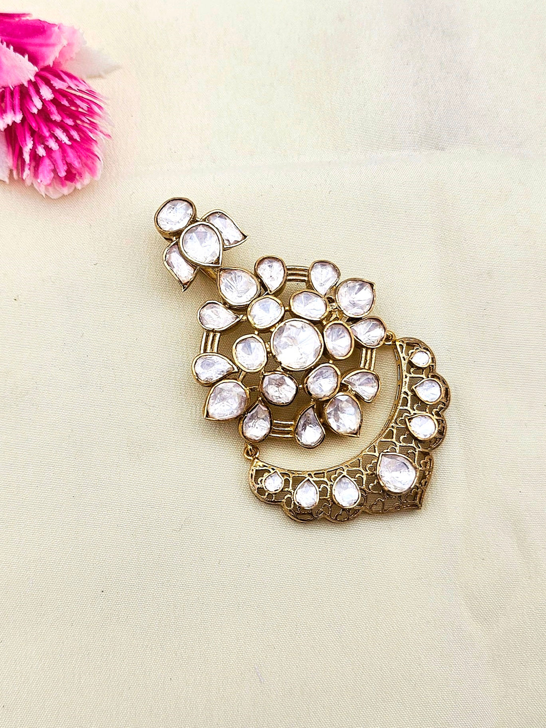 Designer gold-plated silver pendant with sparkling Moissanite Polky and traditional Kundan work
