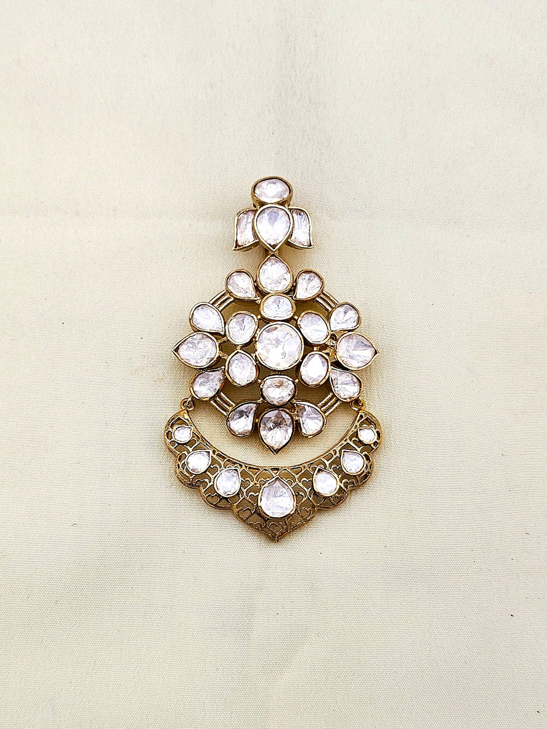 Gold-plated silver pendant with Moissanite Polky stones and traditional Kundan work – designer ethnic jewelry
