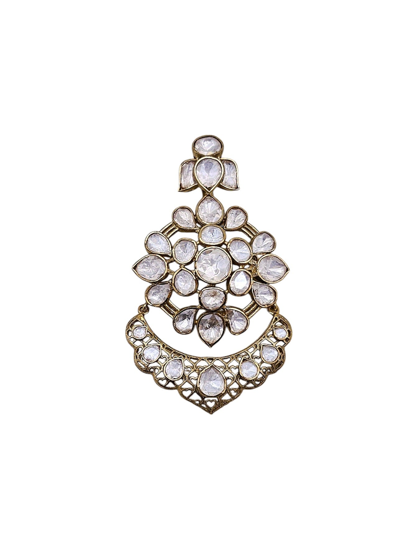 Handcrafted designer pendant with Moissanite Polky stones and Kundan work on gold-plated silver base
