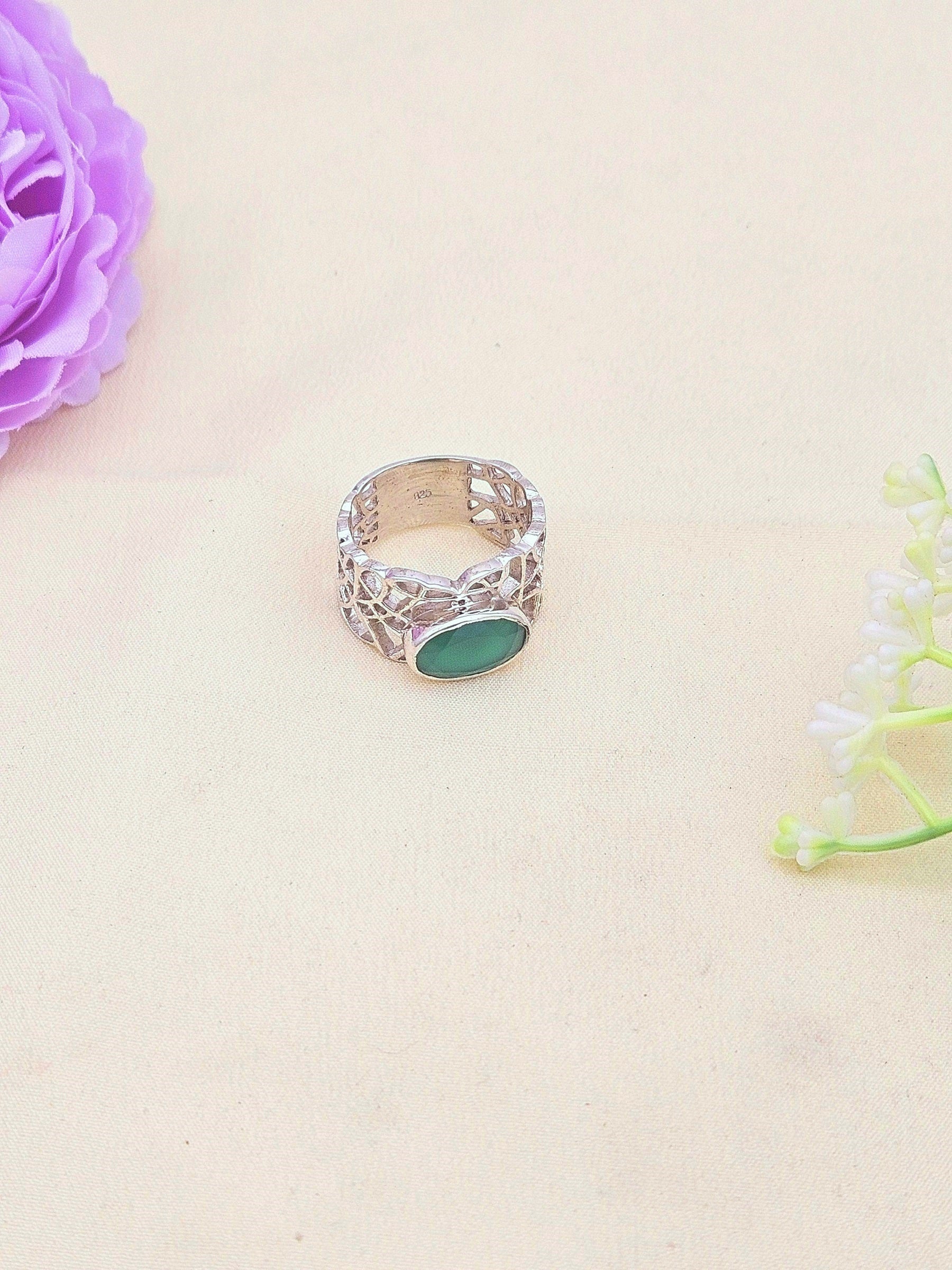 Fine 925 Sterling Silver Green Onyx Stone Designer Finger Ring