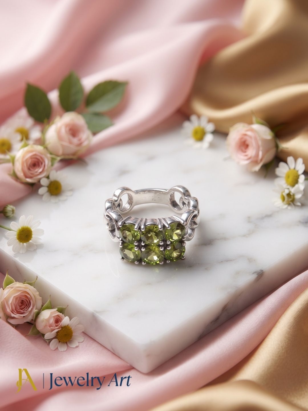 Creative arrangement of handcrafted sterling silver Peridot ring
