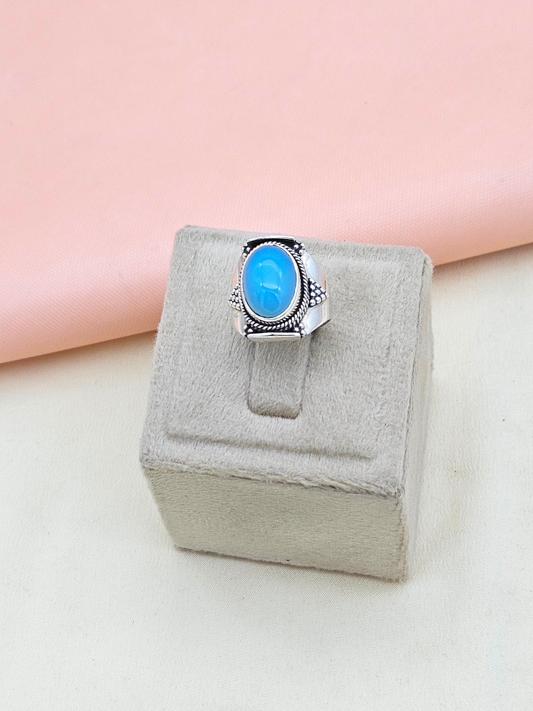 Fine 925 Sterling Silver Variant of Blue Chalcedony, Green Onyx & Rainbow Awesome Designer Finger Rings