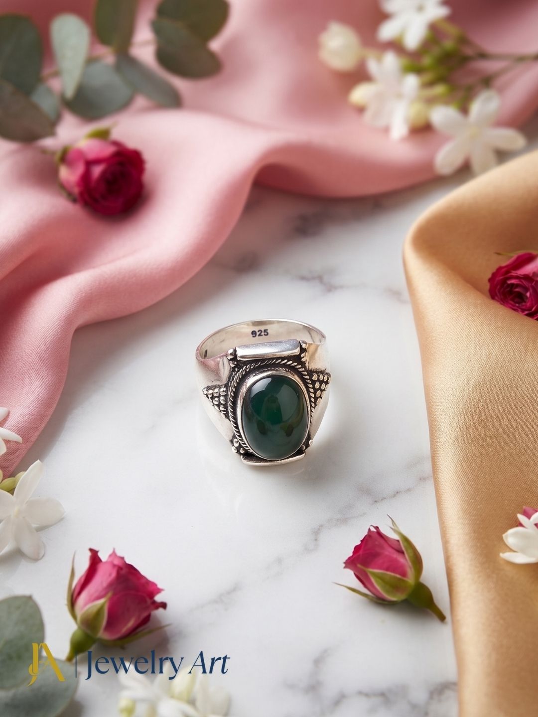 Editorial-style shoot showcasing handcrafted Green Onyx gemstone ring
