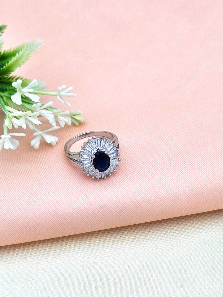 Fine Handcrafted 925 Silver Cubic Zirconia-Blue Onyx Gem Stone Designer Finger Ring - US Size 6.5