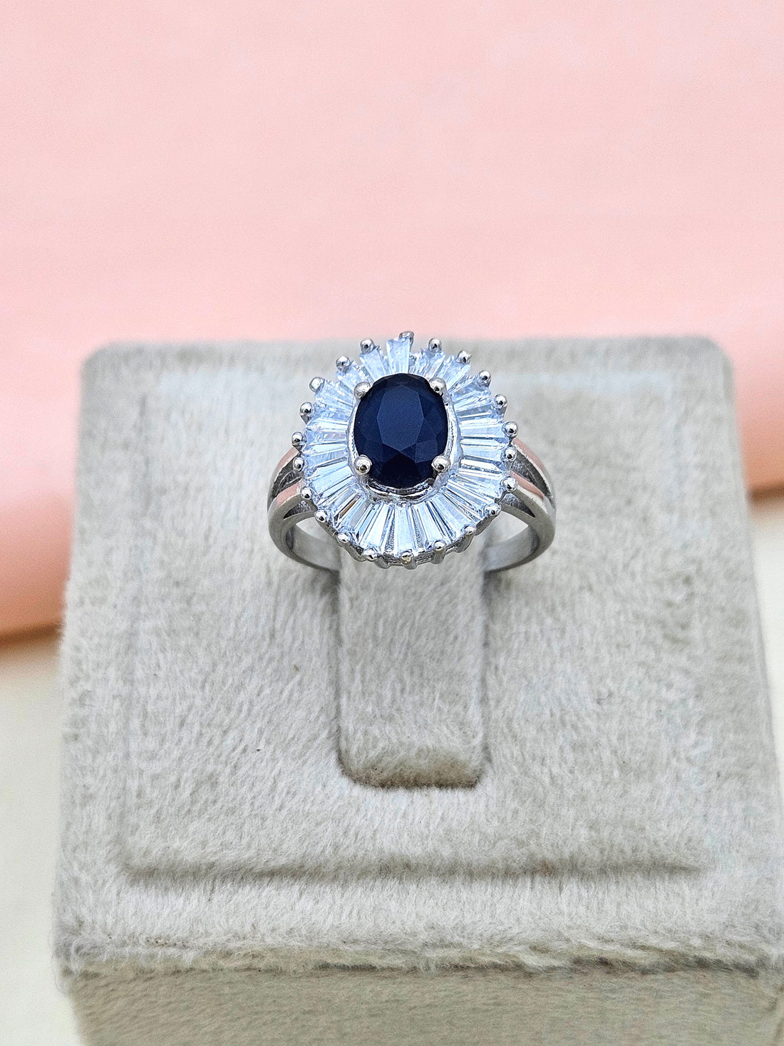 Fine Handcrafted 925 Silver Cubic Zirconia-Blue Onyx Gem Stone Designer Finger Ring - US Size 6.5