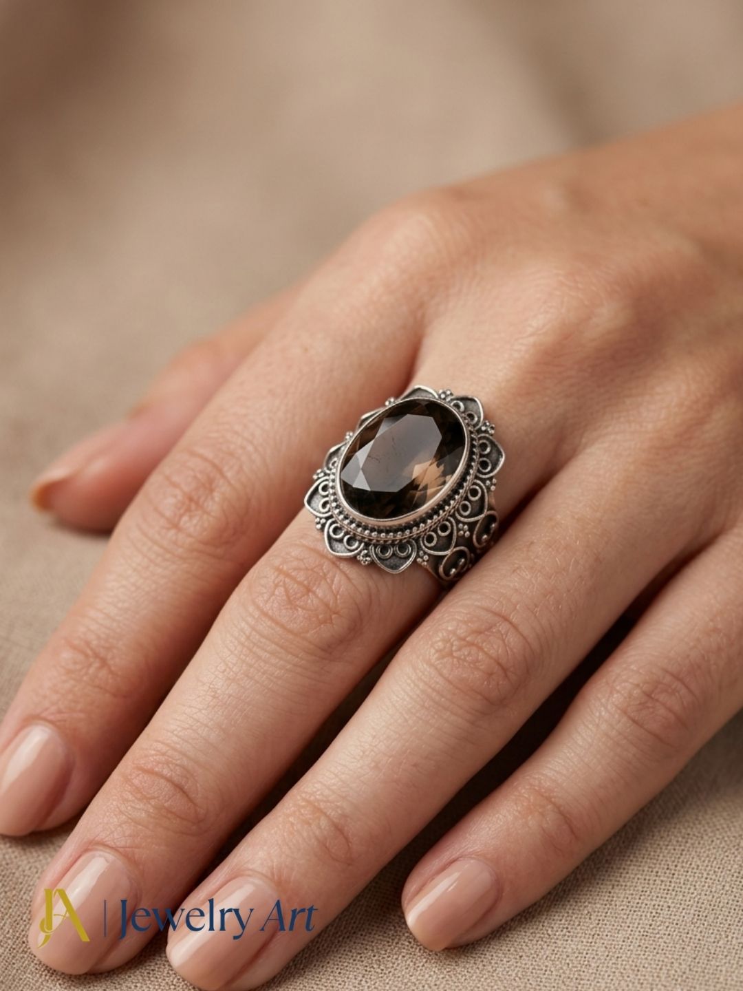 Model wearing artisan 925 oxidized silver Smoky Quartz gemstone ring