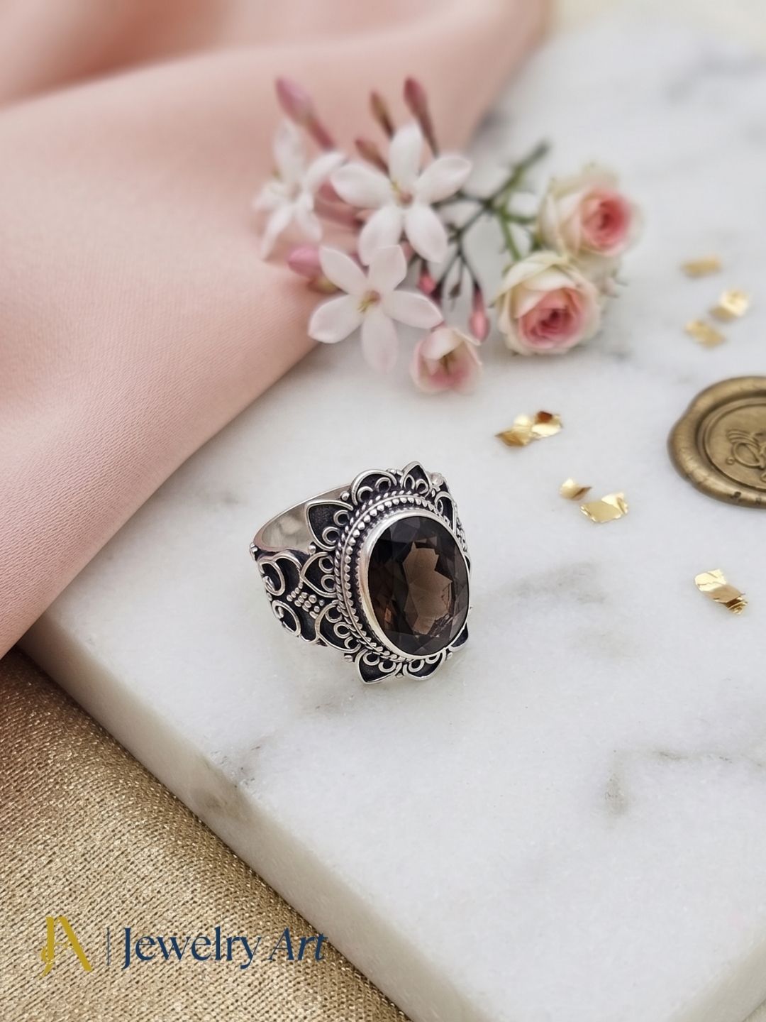 Editorial-style shoot showcasing handcrafted Smoky Quartz gemstone ring

