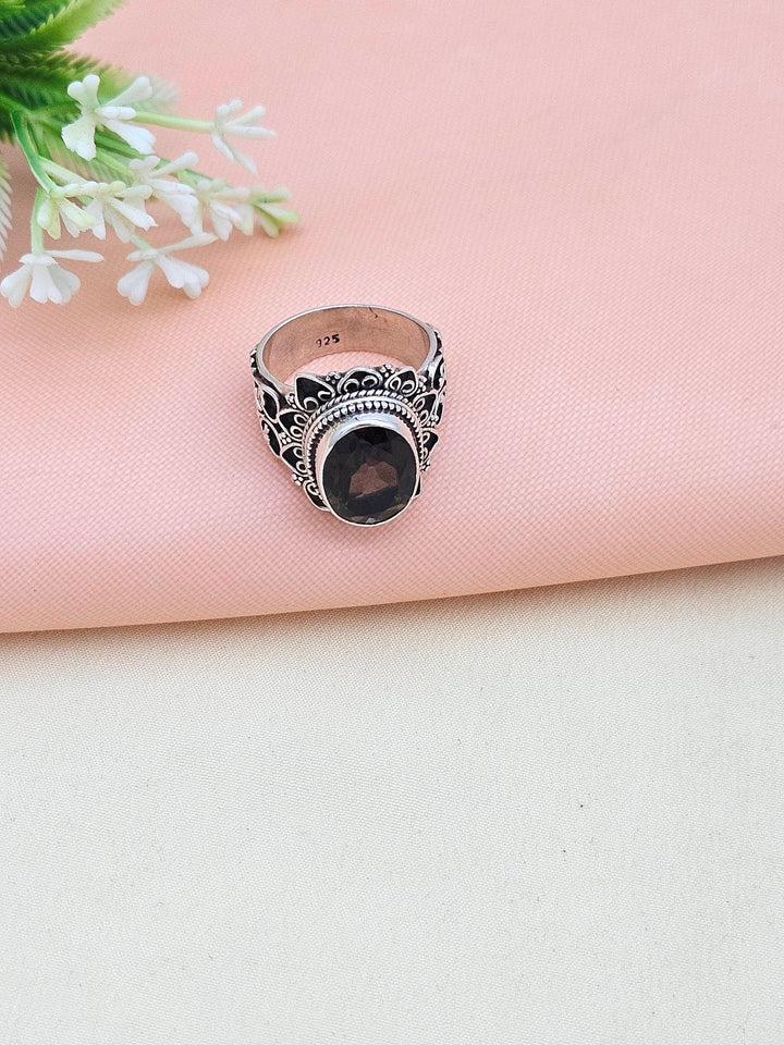 Fine Handcrafted 925 Silver Oxidized Semi Precious Gem Stone Designer Finger Ring- US Size 7