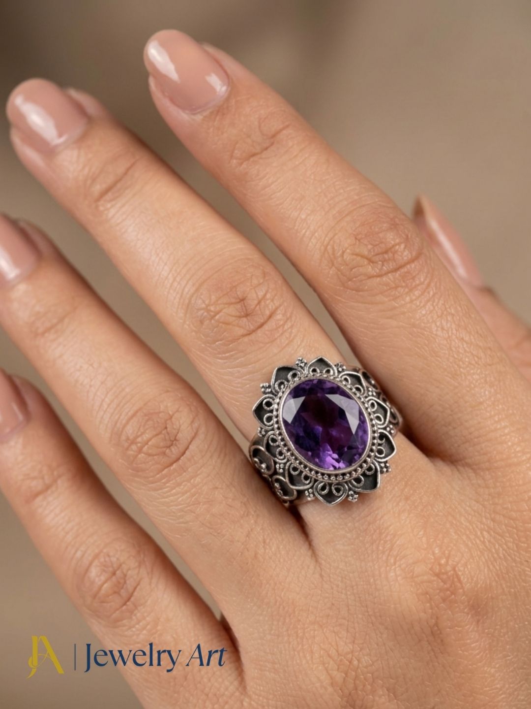 Stylish woman wearing premium Amethyst oxidized silver ring

