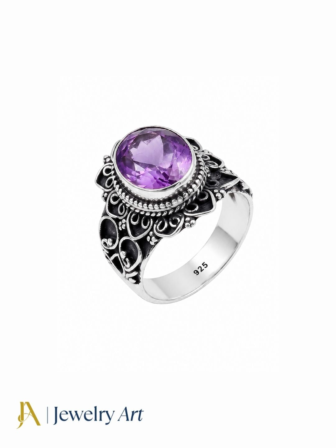 925 silver oxidized Amethyst ring isolated on pure white background