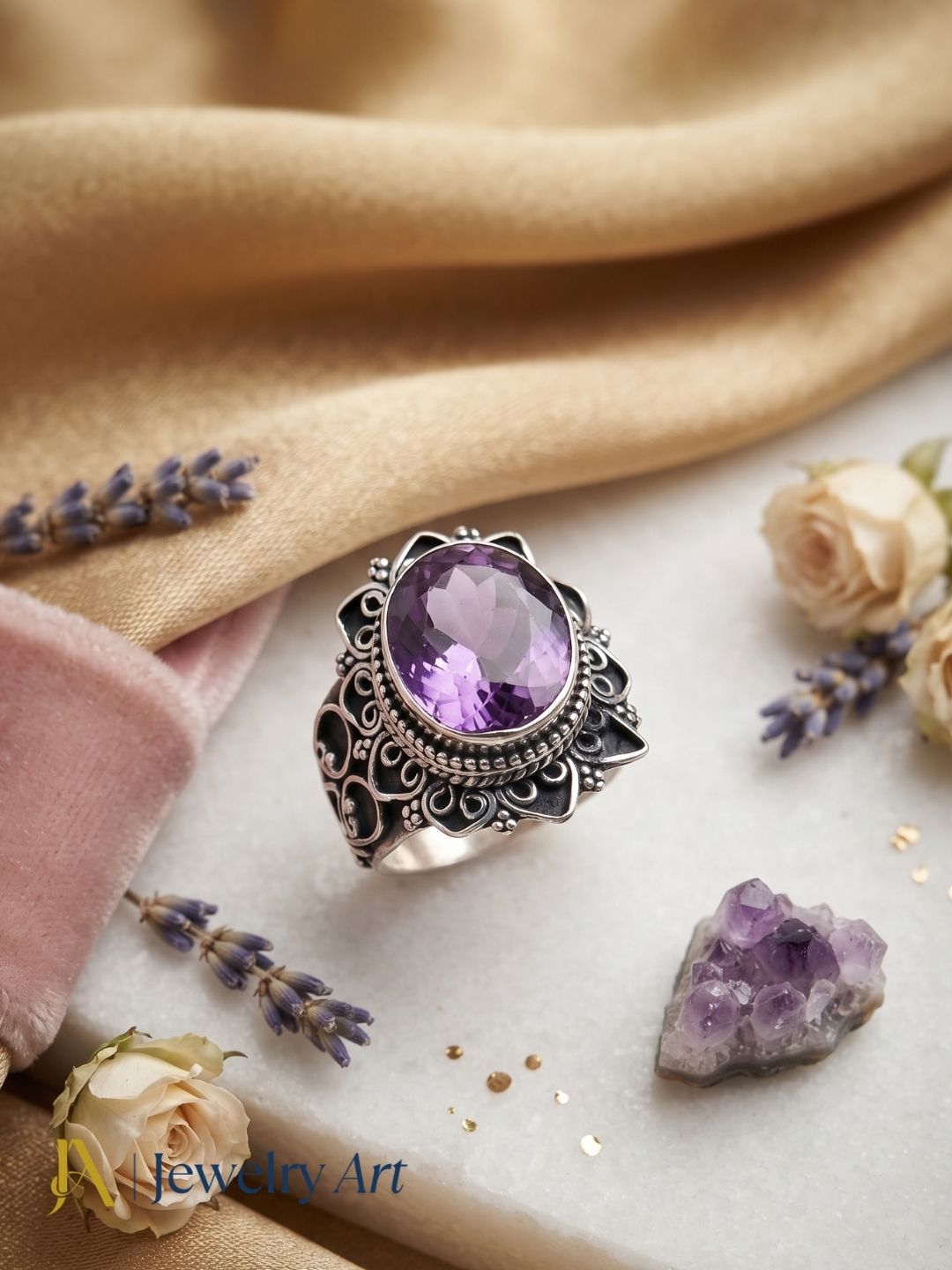 Decorative setup highlighting handcrafted Amethyst designer ring
