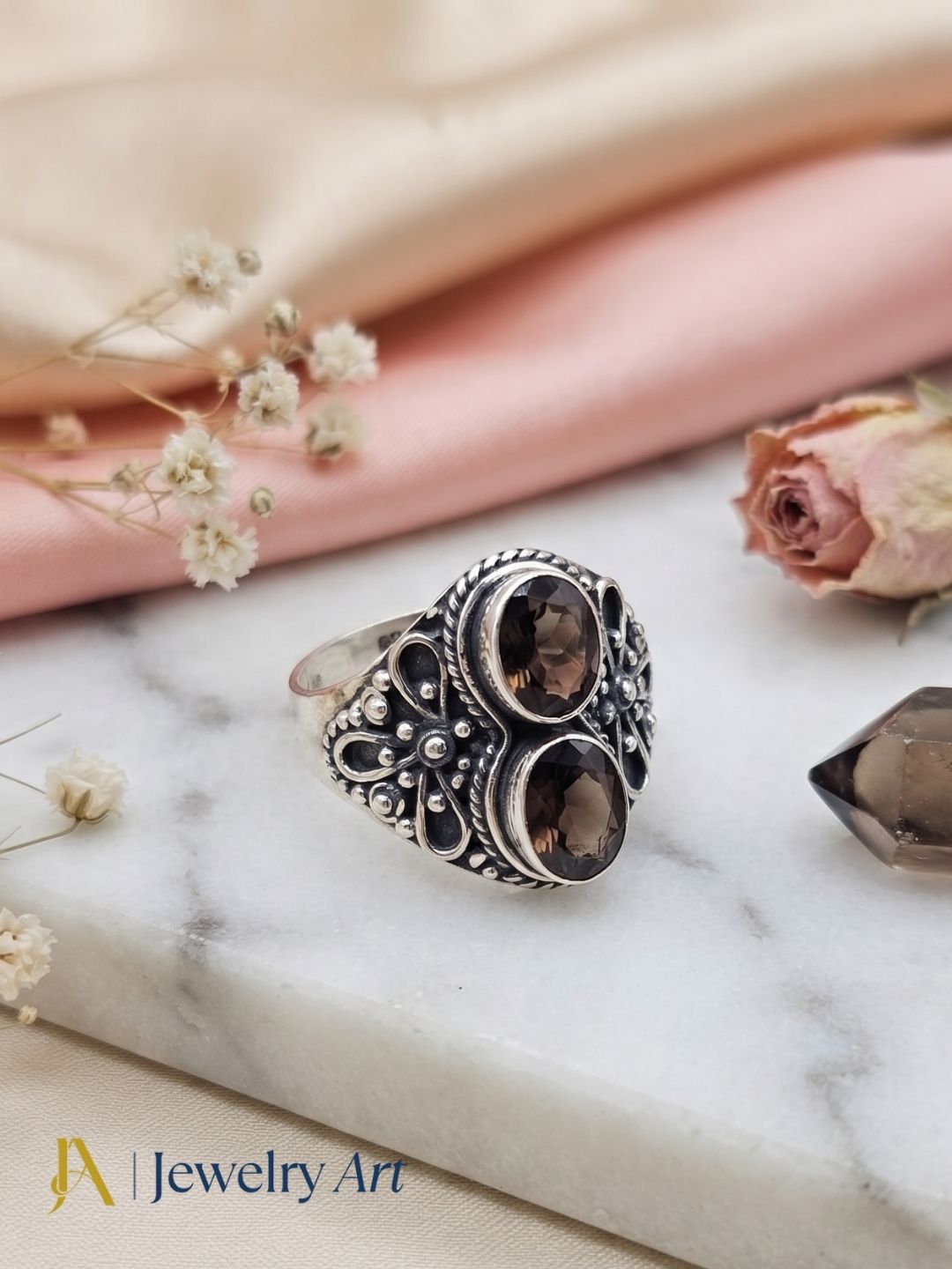 Luxury jewelry photography featuring 925 silver Smoky gemstone ring