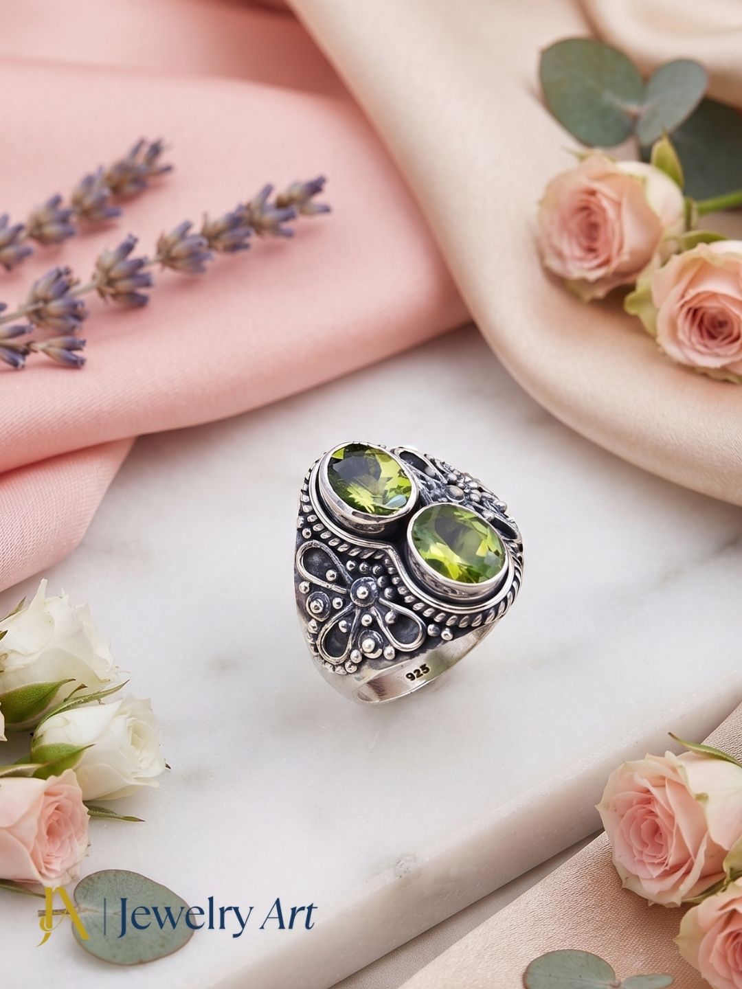925 oxidized silver Peridot gemstone ring in luxury decorative jewelry styling