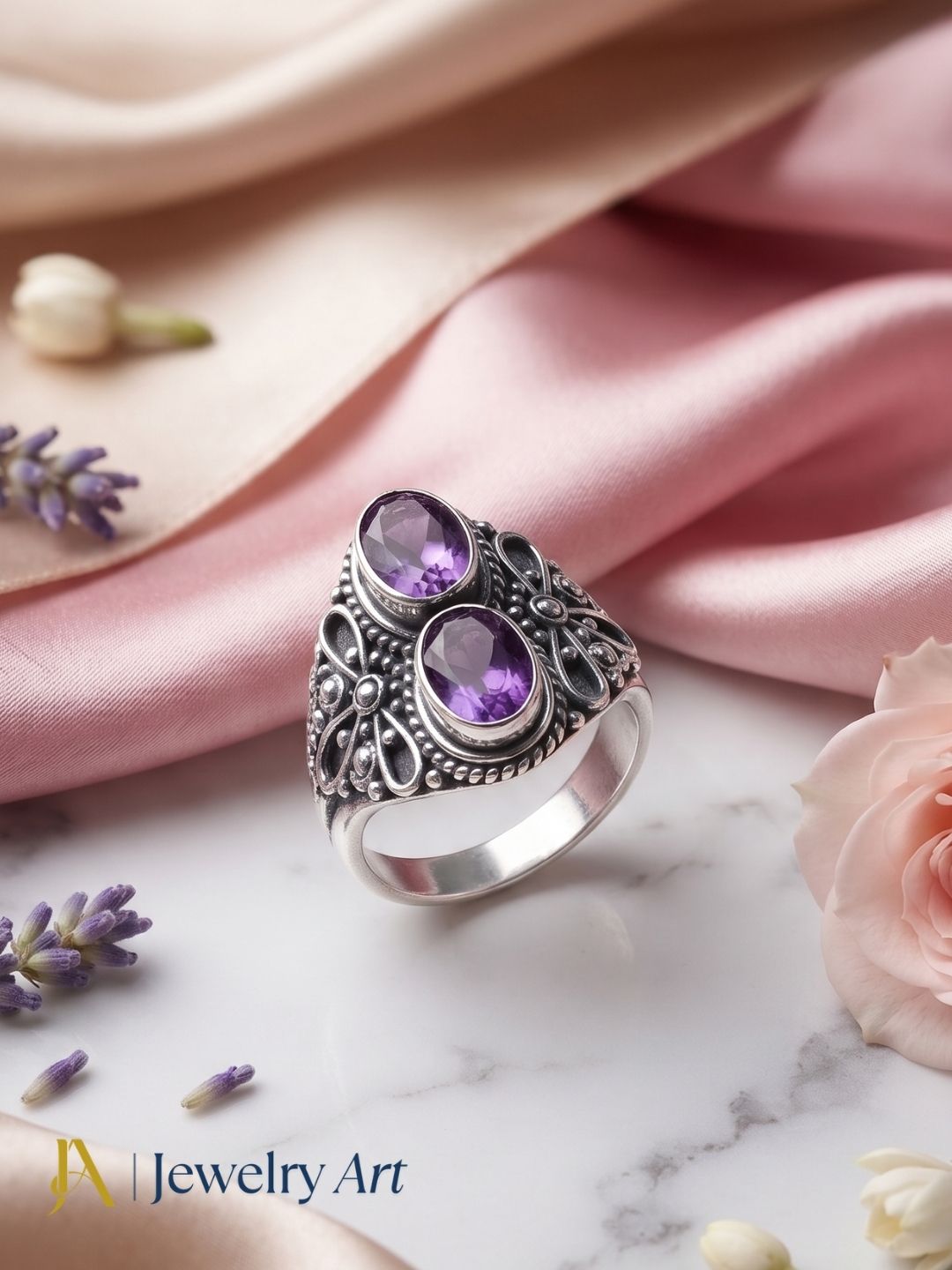 Artistic flat lay of handcrafted 925 oxidized silver Amethyst gemstone ring