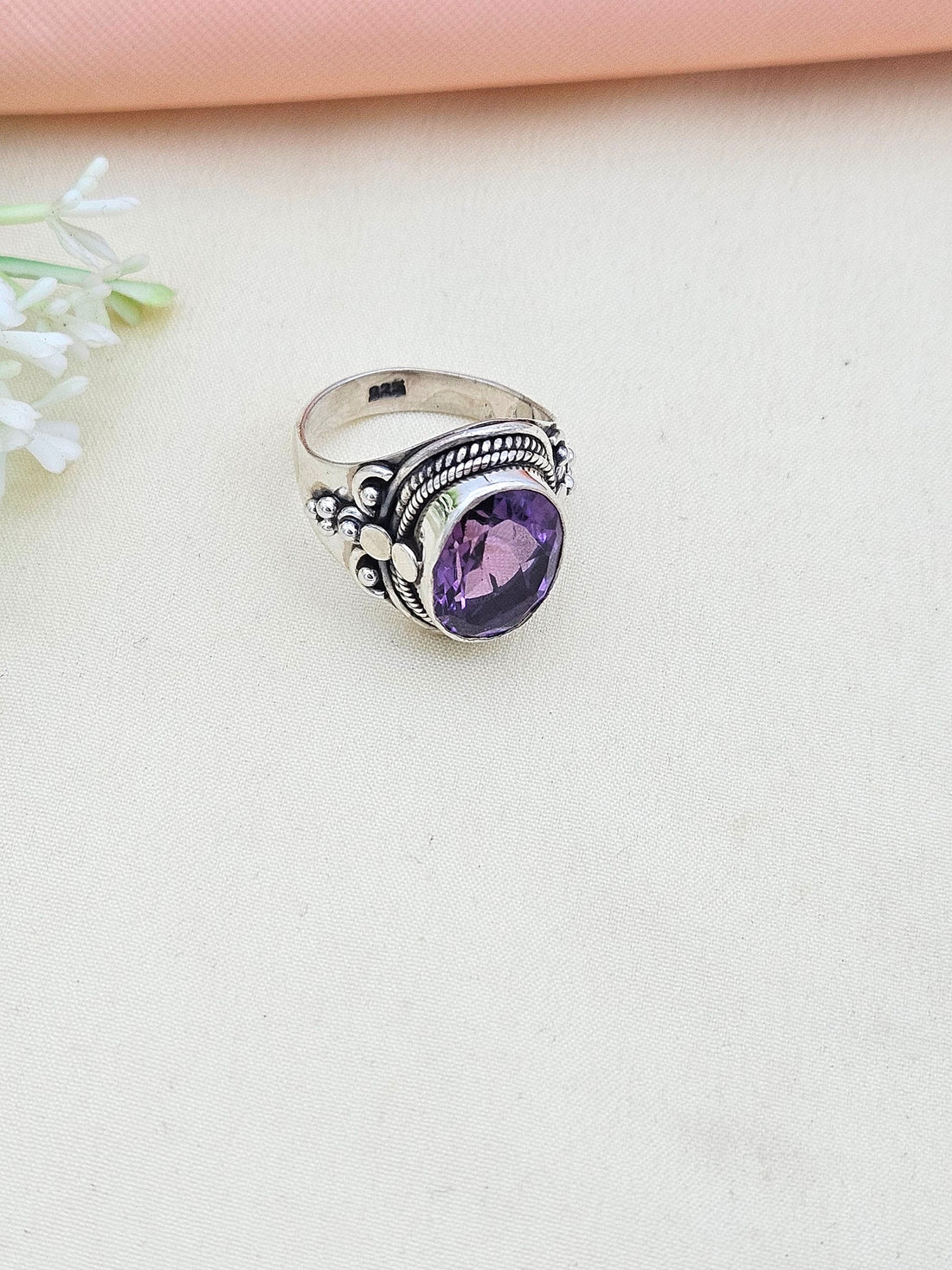 Fine Handcrafted 925 Silver Oxidized Amethyst Gem Stone Awesome Designer Finger Ring - US Size 8