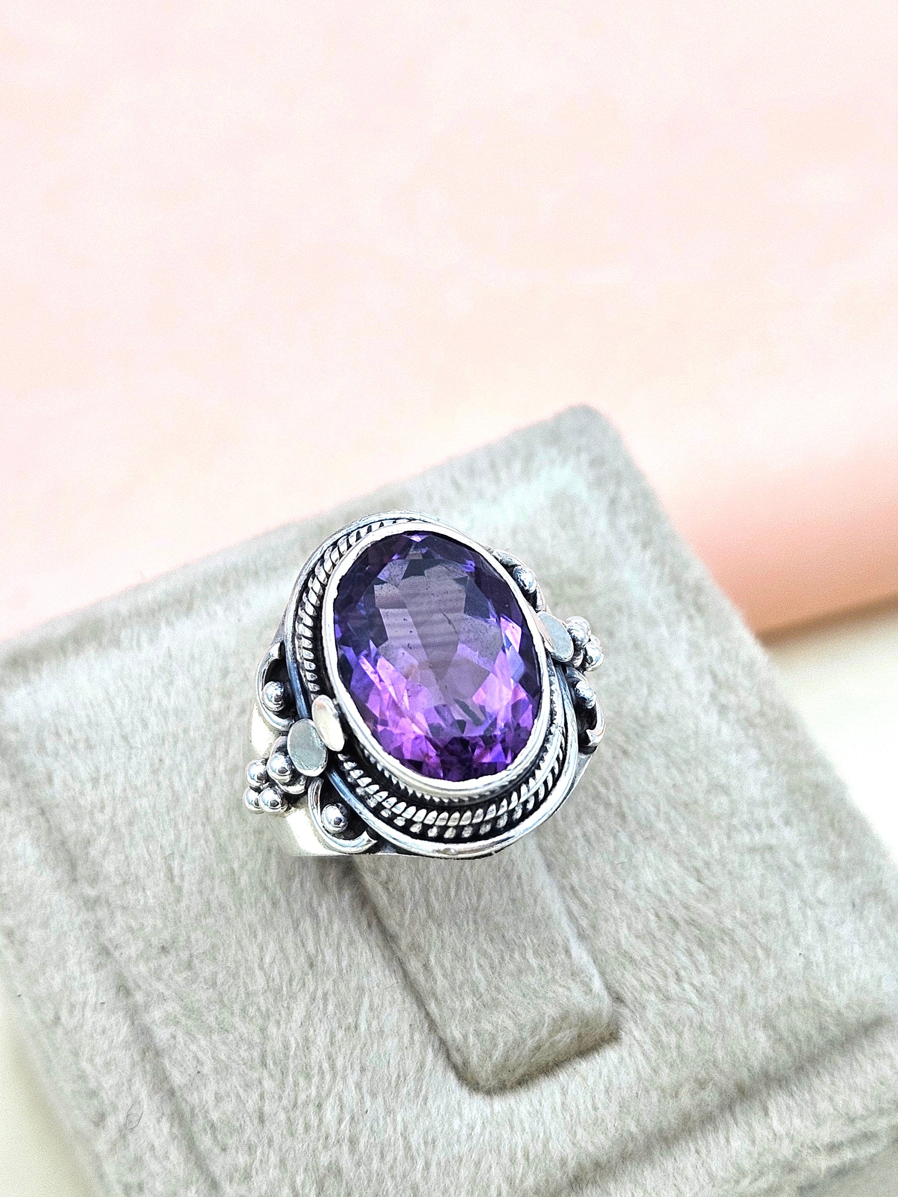 Fine Handcrafted 925 Silver Oxidized Amethyst Gem Stone Awesome Designer Finger Ring - US Size 8