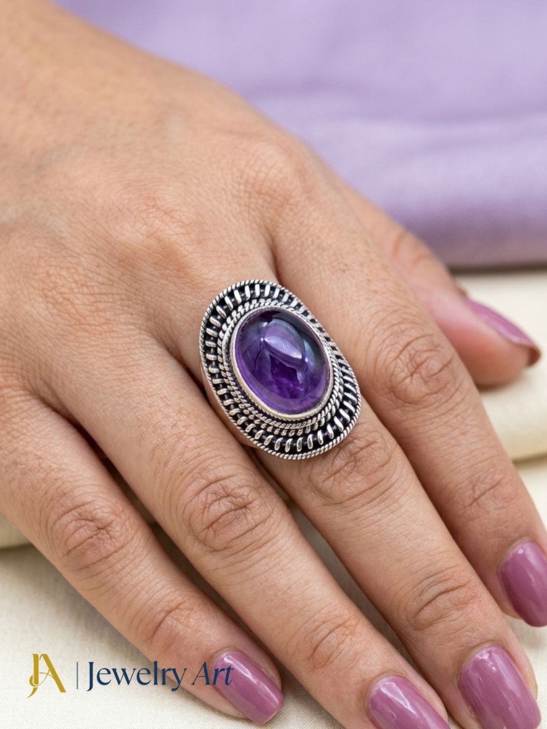 Woman wearing fine handcrafted 925 silver oxidized Amethyst gemstone awesome designer finger ring.