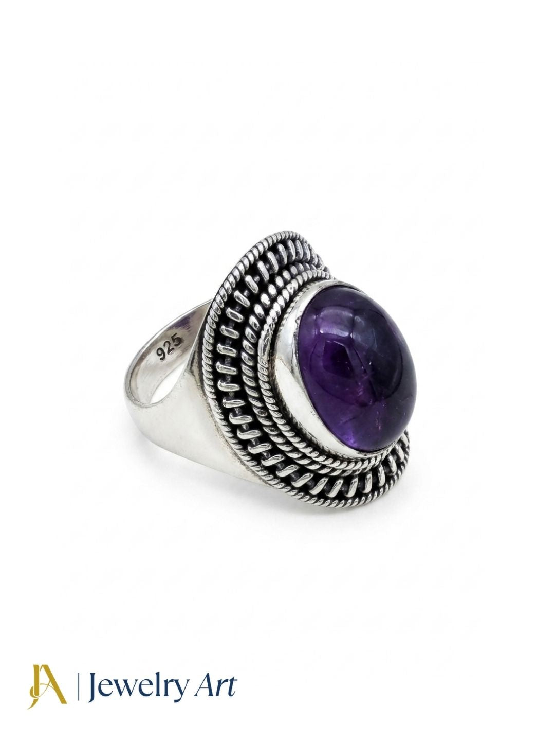 Fine handcrafted 925 silver oxidized Amethyst gemstone awesome designer finger ring isolated on pure white background.