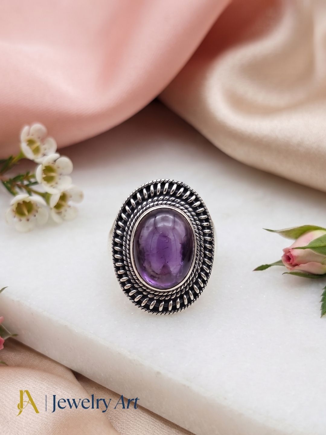 Fine handcrafted 925 silver oxidized Amethyst gemstone awesome designer finger ring showcased in luxury decorative jewelry styling.