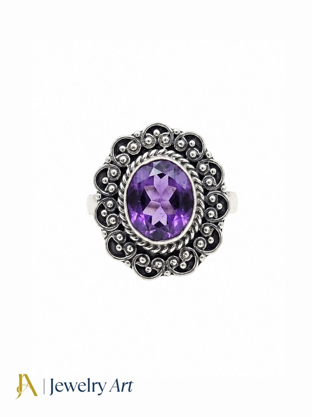 Fine handcrafted 925 silver oxidized Amethyst gemstone awesome designer finger ring isolated on pure white background.