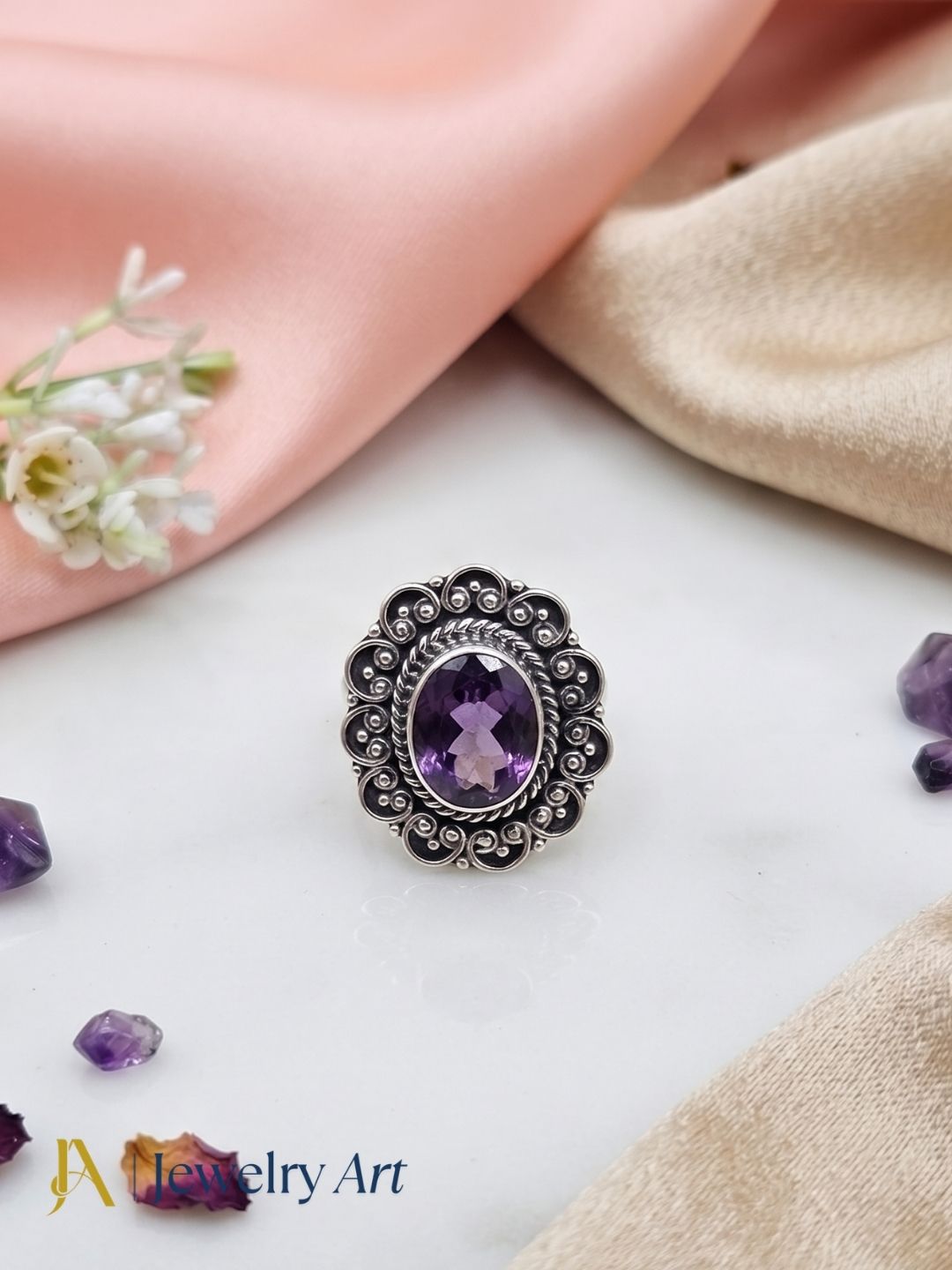 Fine handcrafted 925 silver oxidized Amethyst gemstone awesome designer finger ring showcased in luxury decorative jewelry styling.