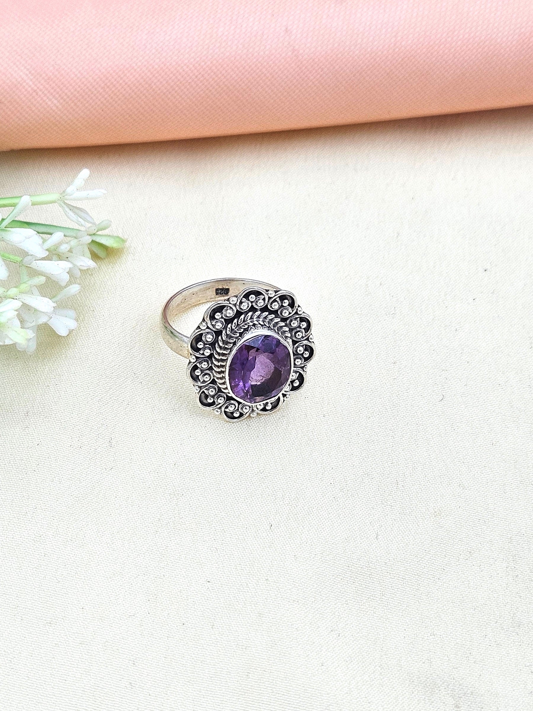 Fine Handcrafted 925 Silver Oxidized Amethyst Gem Stone Awesome Designer Finger Ring - US Size 8