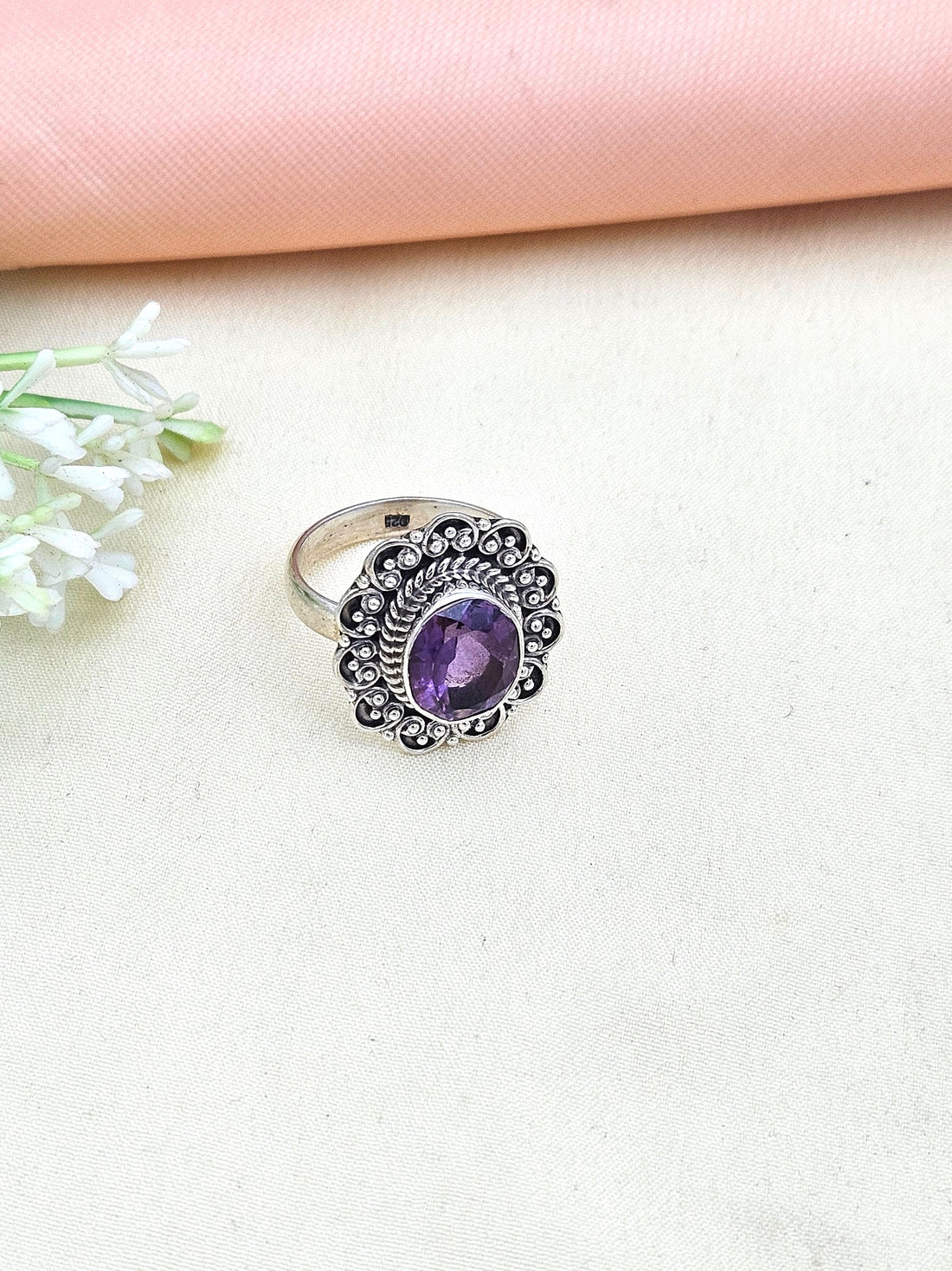 Fine Handcrafted 925 Silver Oxidized Amethyst Gem Stone Awesome Designer Finger Ring - US Size 8