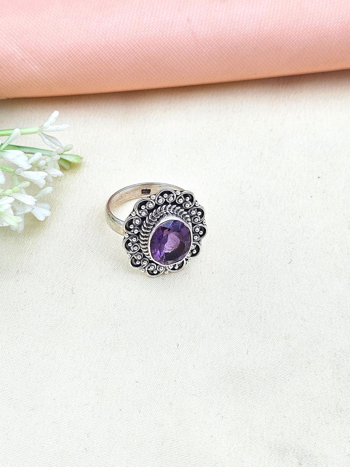 Fine Handcrafted 925 Silver Oxidized Amethyst Gem Stone Awesome Designer Finger Ring - US Size 8
