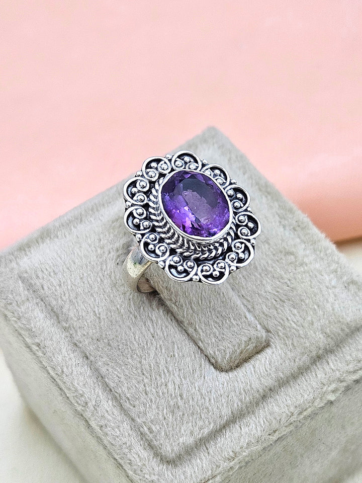 Fine Handcrafted 925 Silver Oxidized Amethyst Gem Stone Awesome Designer Finger Ring - US Size 8