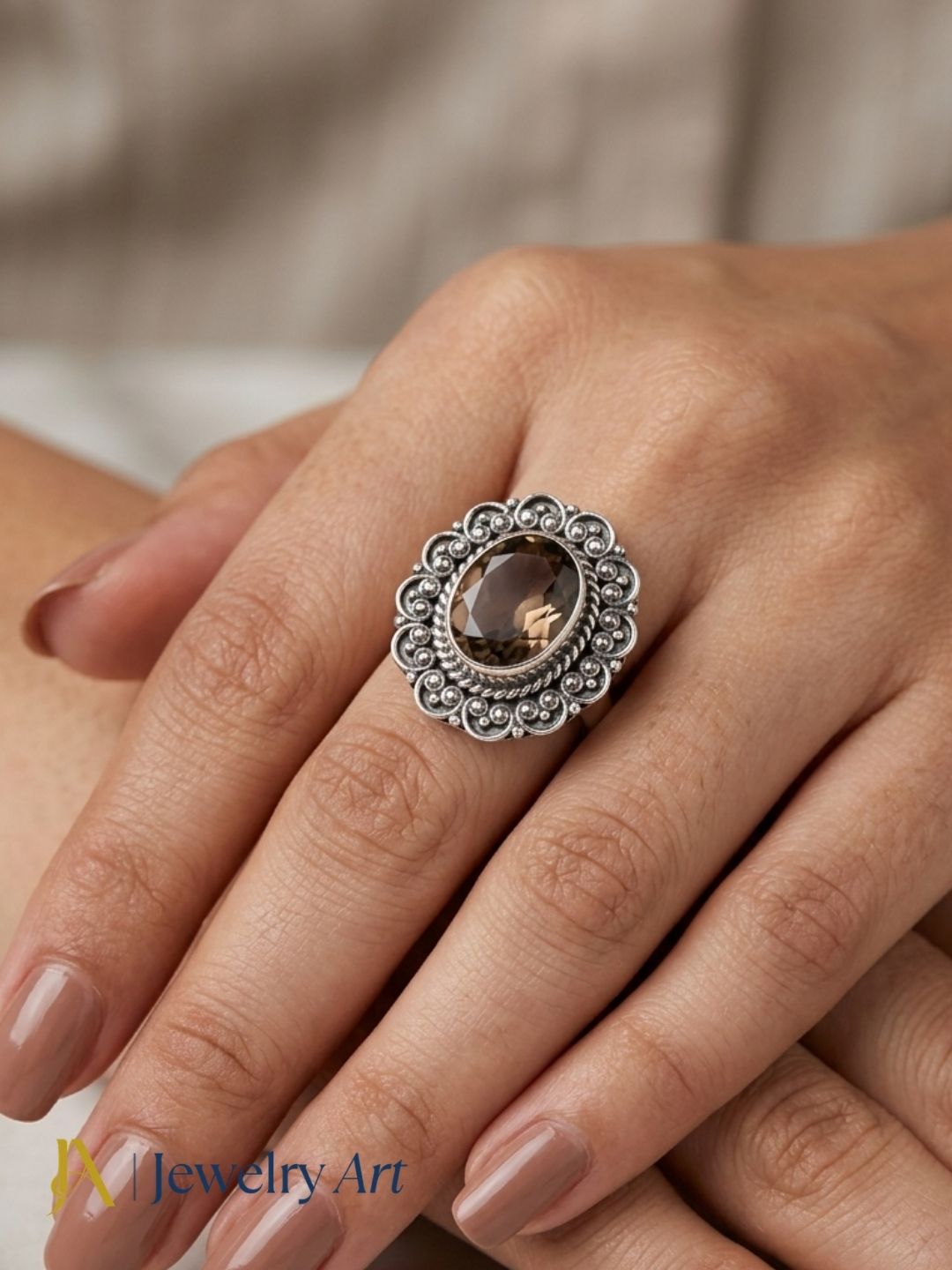 Luxury jewelry styling with handcrafted Smoky Quartz gemstone silver ring
