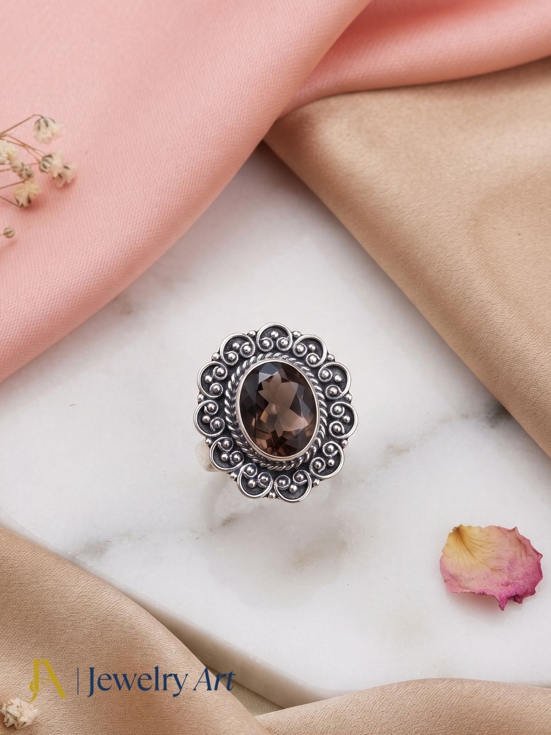 Decorative setup highlighting handcrafted Smoky Quartz designer ring
