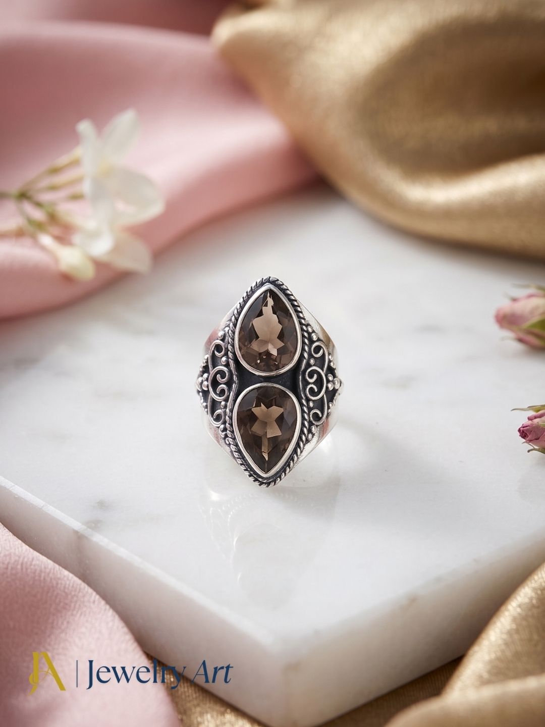 Luxury jewelry photography featuring 925 silver Smoky gemstone ring
