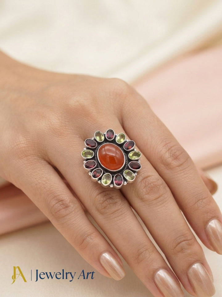 Fine Handcrafted 925 Silver Peridot-Garnet-Carnelian Gem Stones Awesome Flower Designer Finger Ring