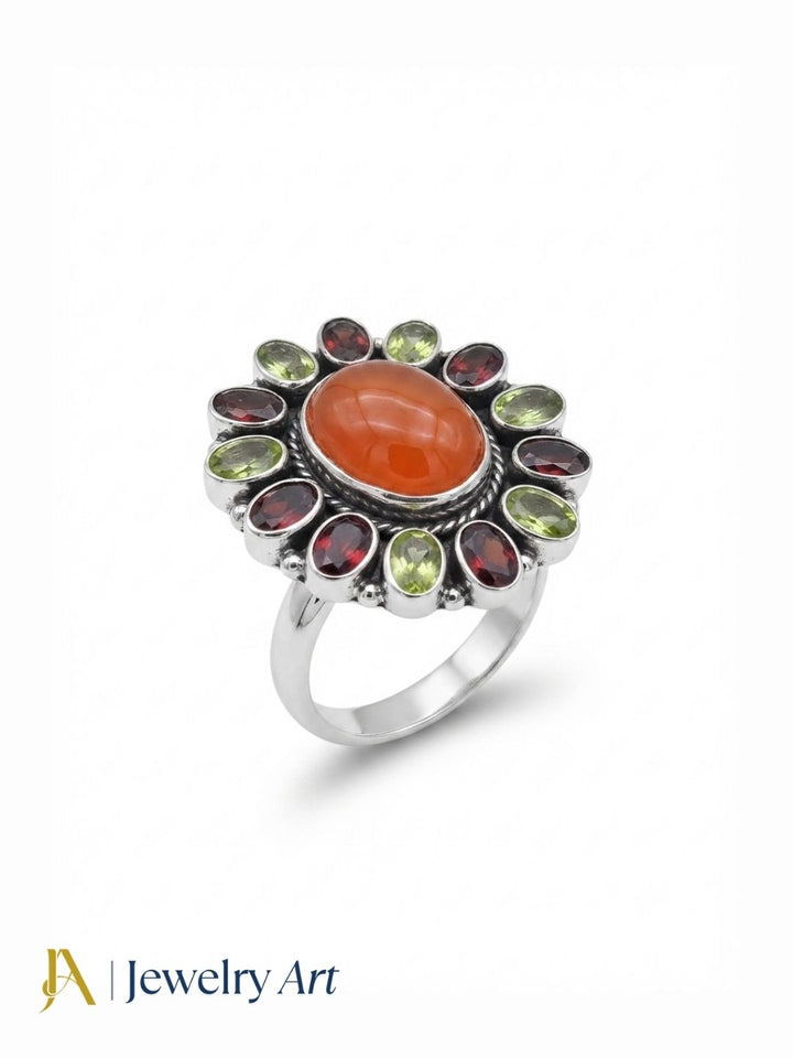 Fine Handcrafted 925 Silver Peridot-Garnet-Carnelian Gem Stones Awesome Flower Designer Finger Ring
